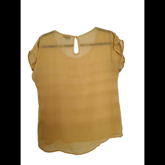 Mine Yellow Ladies Sequin Stripe Blouse Sheer Shortsleeve Button Back Medium - Picture 2 of 4